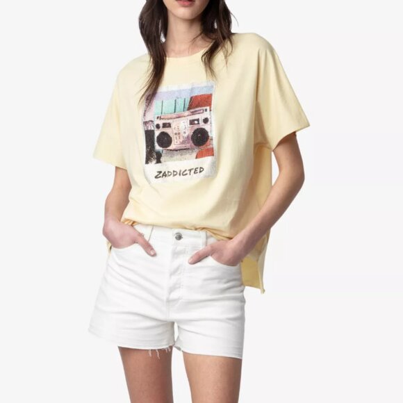 Zadig & Voltaire Tommer Beaded Zaddicted Top Womens Large Yellow Cotton T-Shirt - Picture 7 of 8